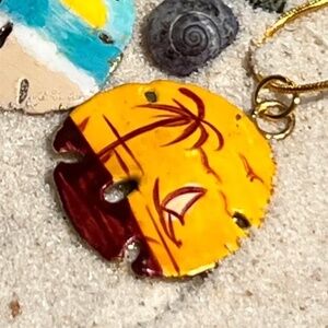 Yellow Sand Dollar Necklace with Beach Scene and Sail Boat